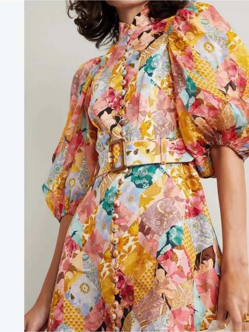 Zimmermann Floral Patchwork Puff-Sleeve Midi Dress in Pink, Yellow & Blue